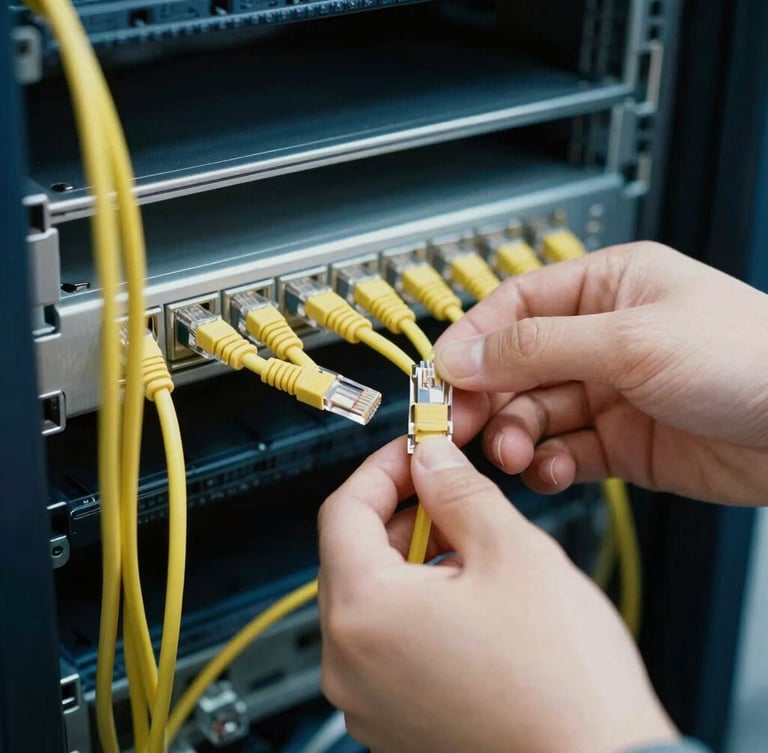 Close-up of hands organizing yellow ethernet cables in a server rack, natural classroom lighting, highly detailed, 35mm