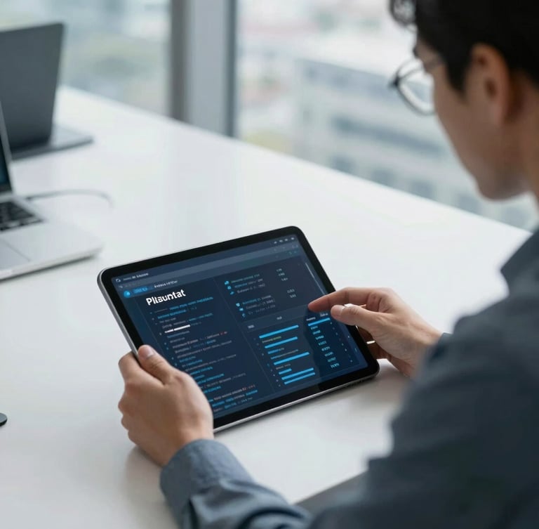 Over the shoulder view of a professional cybersecurity consultant analyzing clean data flows on a modern tablet in a bright Bogotá office, natural daylight, cool slate tones.