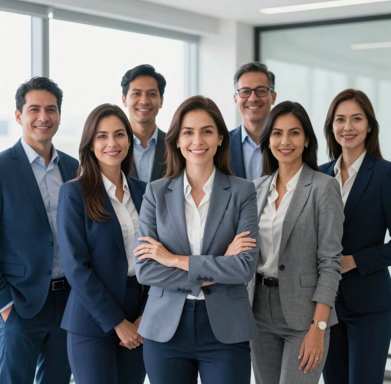A professional group portrait of Colombian corporate consultants, bright natural office light, cool blue and slate tones, sharp focus, 35mm lens
