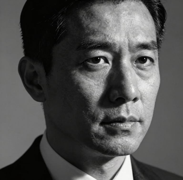 Close-up portrait of a corporate executive in high-contrast black and white, dramatic chiaroscuro lighting, deep shadows, sharp focus, sophisticated editorial look