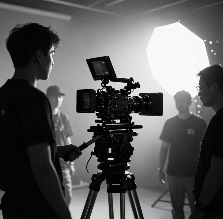 High-contrast black and white behind-the-scenes shot of a professional film production, a cinematic camera on a heavy rig, deep shadows, bright studio key light cutting through light haze, professional crew in silhouette