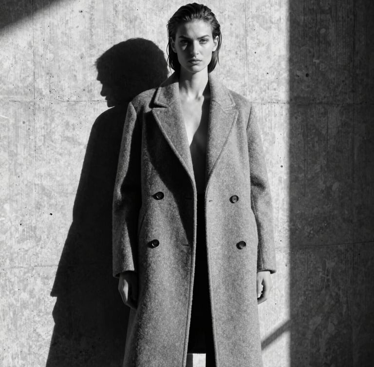High-contrast black and white fashion editorial photograph, a model posing against a brutalist concrete wall, hard direct sunlight creating sharp geometric shadows, high-fashion tailored wool coat, medium format look