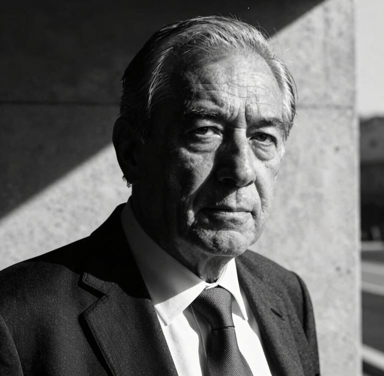 High-contrast black and white portrait of a senior corporate executive, dramatic side lighting, deep shadows obscuring half the face, sharp focus on intense eyes, architectural concrete background, medium format film look