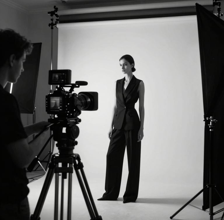 Behind the scenes of a high-end fashion shoot, professional camera on a tripod, dramatic studio lighting setup, high-contrast black and white