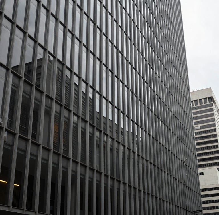Fachada arquitetônica minimalista de edifício corporativo moderno em São Paulo, linhas retas de aço e vidro sob luz natural difusa, enquadramento simétrico.