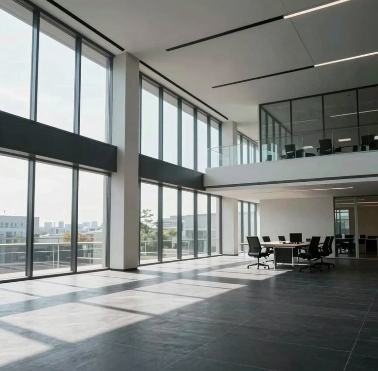 Wide-angle environmental shot of an empty, sunlit modern office interior, structural glass details, minimalist black-and-white floor plan visible on a table, bright natural daylight.