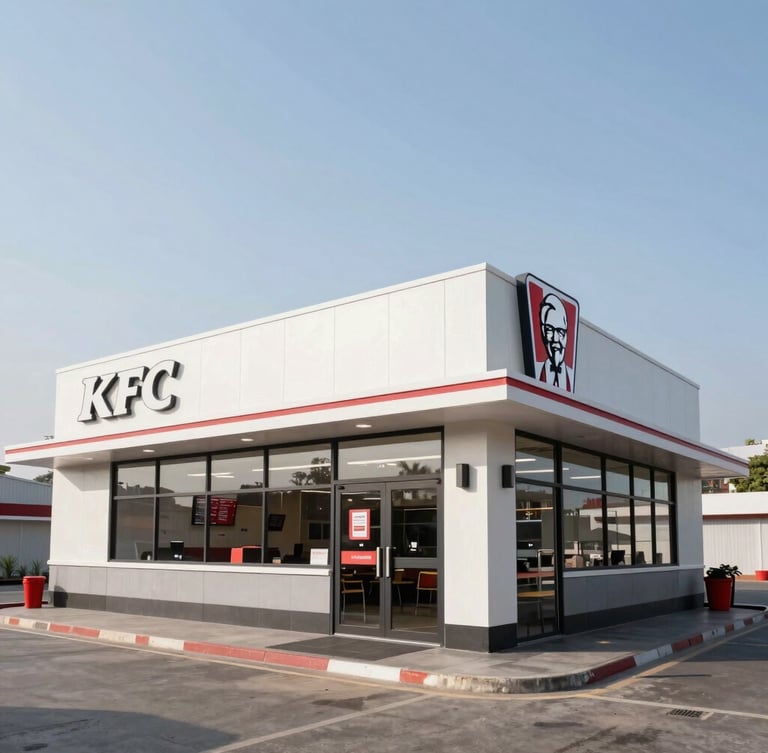 A wide-angle architectural photograph of a modern, clean-lined KFC drive-thru restaurant in India under bright, clear daylight, showing scale and structured design.