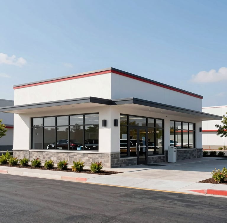 Wide environmental shot of a modern drive-thru exterior under bright architectural daylight, clean lines, professional landscaping, right-third framing