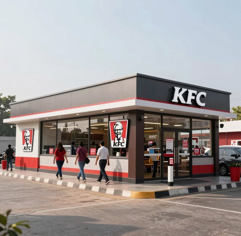 Bustling modern KFC drive-thru lane in India, clean architectural lines, bright daylight, professional branding visible on the building facade.