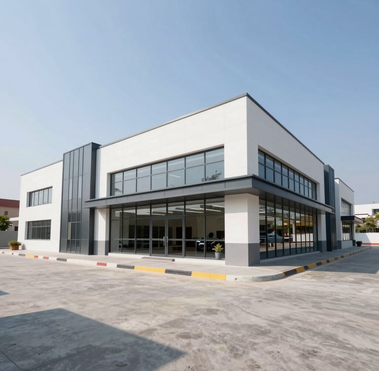 Wide environmental shot of a modern Indian retail development, clean architectural lines, bright daylight, sharp focus, wide-angle lens.