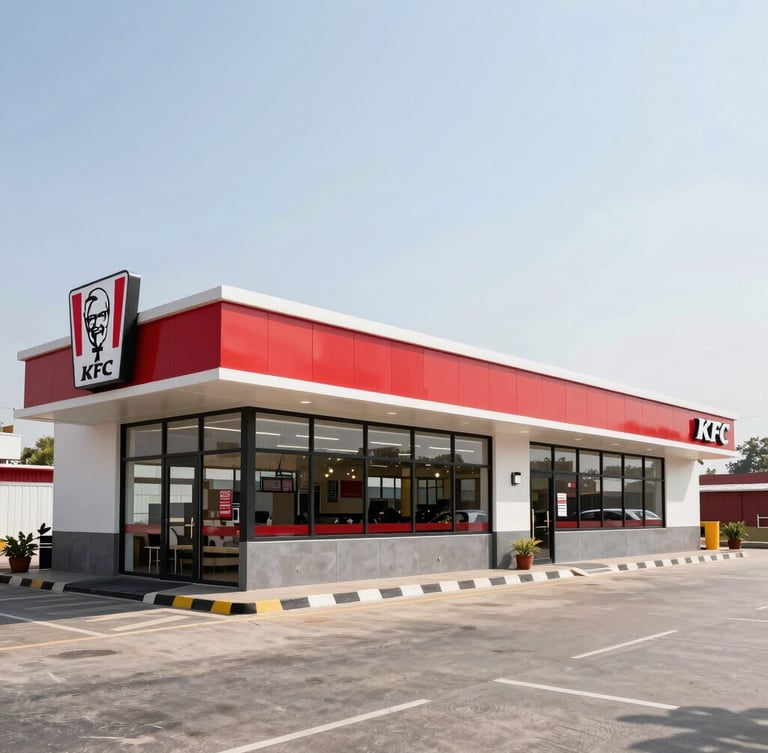 Clean architectural lines of a newly constructed KFC drive-thru in India, bright daylight, sharp focus, wide-angle lens.
