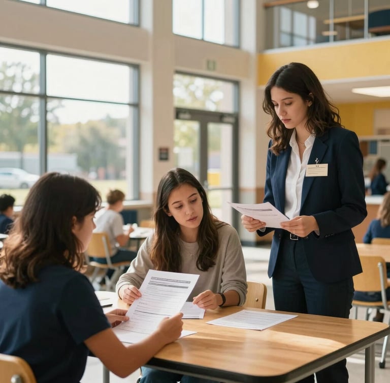 A bright, modern school lobby with large windows, a parent and registrar reviewing enrollment documents at a wooden table, warm natural light.