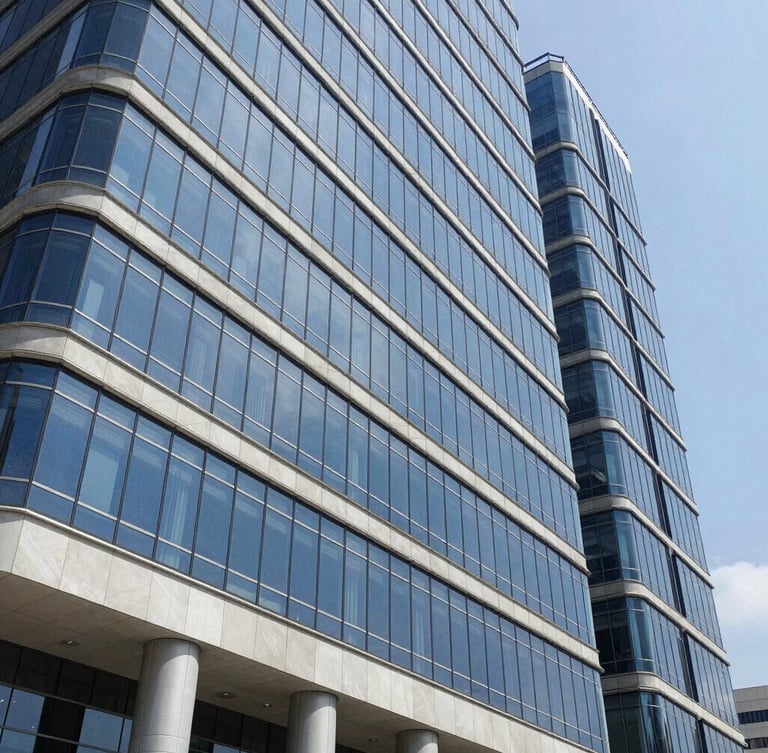 Fachada exterior do edifício de escritórios corporativos modernos em Luanda, arquitetura contemporânea de vidro e betão sob luz solar brilhante, tons azuis corporativos limpos.