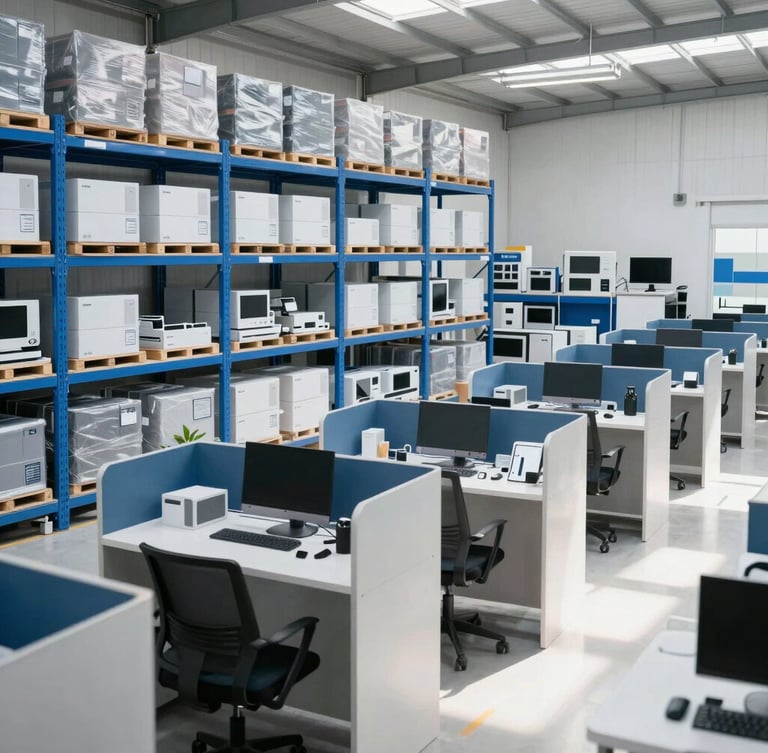 Wide-angle shot of a highly organized modern logistics warehouse in Luanda, shelves stacked with pristine office equipment and industrial goods, bright daylight streaming in, professional corporate photography, 35mm lens