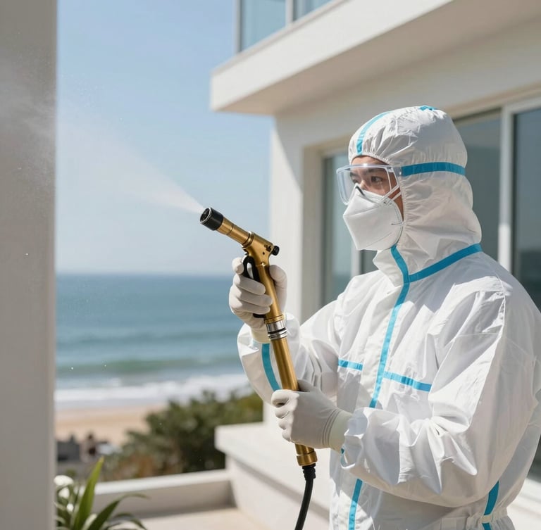 Professional environmental technician in a white protective suit and mask, holding a precise brass nozzle, spraying a clean coastal building exterior in bright daylight, sharp focus.