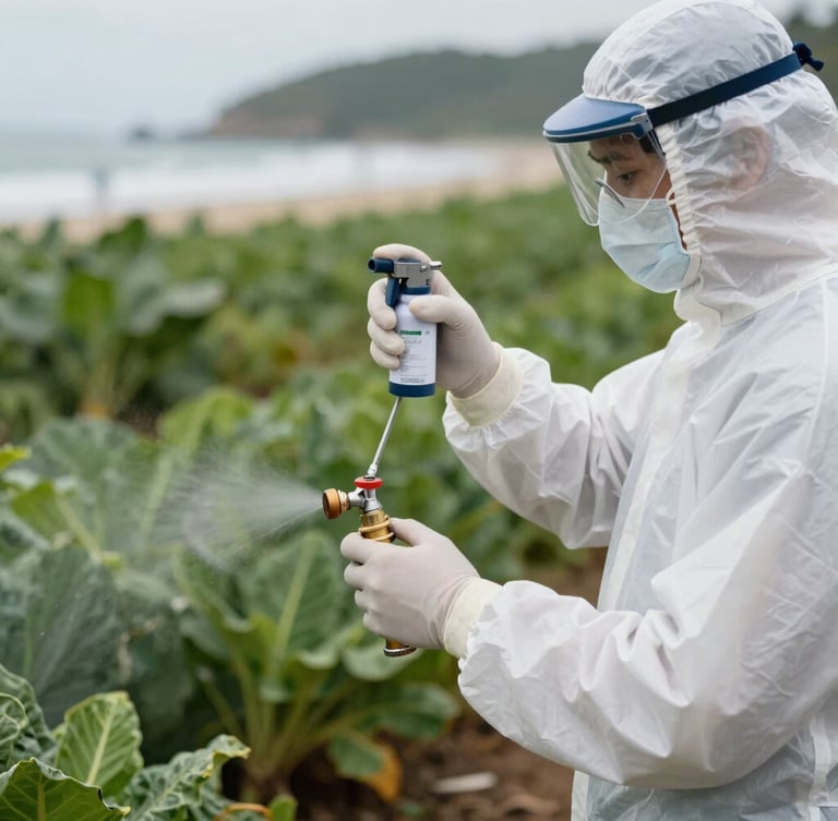 Visão lateral de um técnico de controle de pragas usando luvas de proteção e ajustando uma válvula de spray de precisão, com vegetação costeira desfocada ao fundo.
