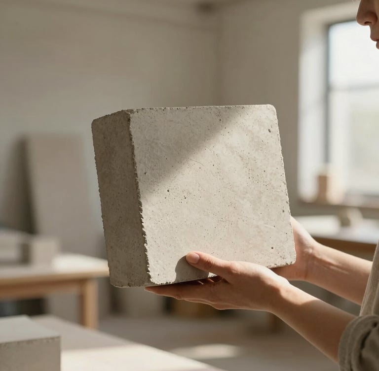 Close-up portrait of a designer in a sunlit architectural workshop, holding a textured concrete block, soft north-facing daylight, warm bone tones, shallow depth of field.