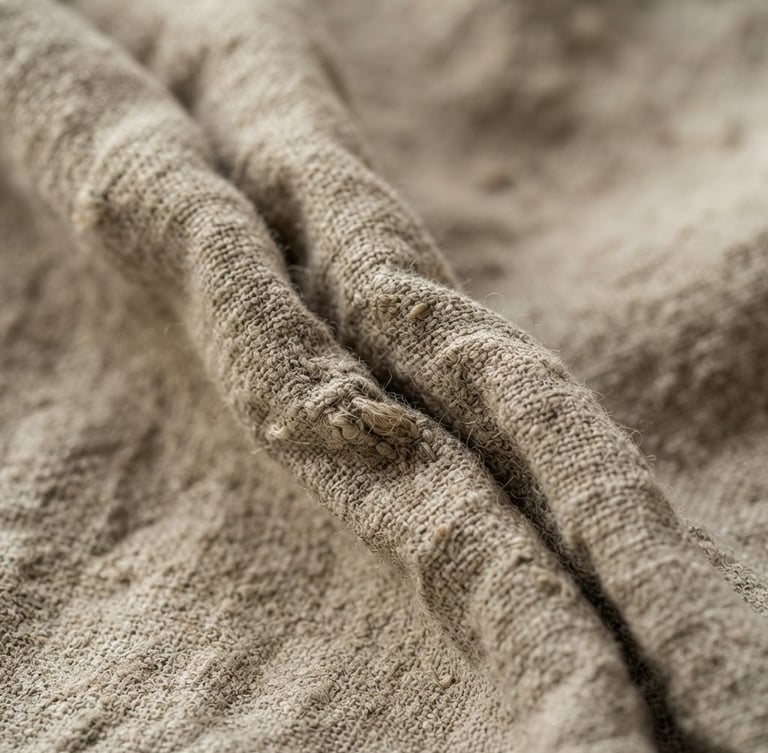 Extreme macro close-up of heavy-gauge undyed Belgian flax linen, deep textile creases, soft morning window light, shallow depth of field