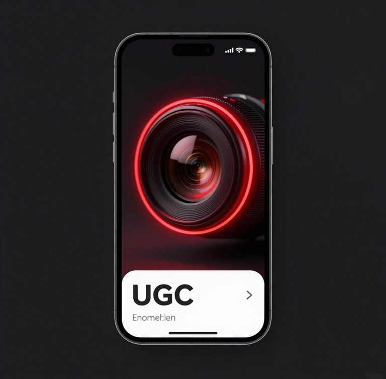 Sleek dark-mode UI photography showing a vertical mobile phone mockup with a high-converting UGC ad active, sharp red neon accent lighting, macro lens