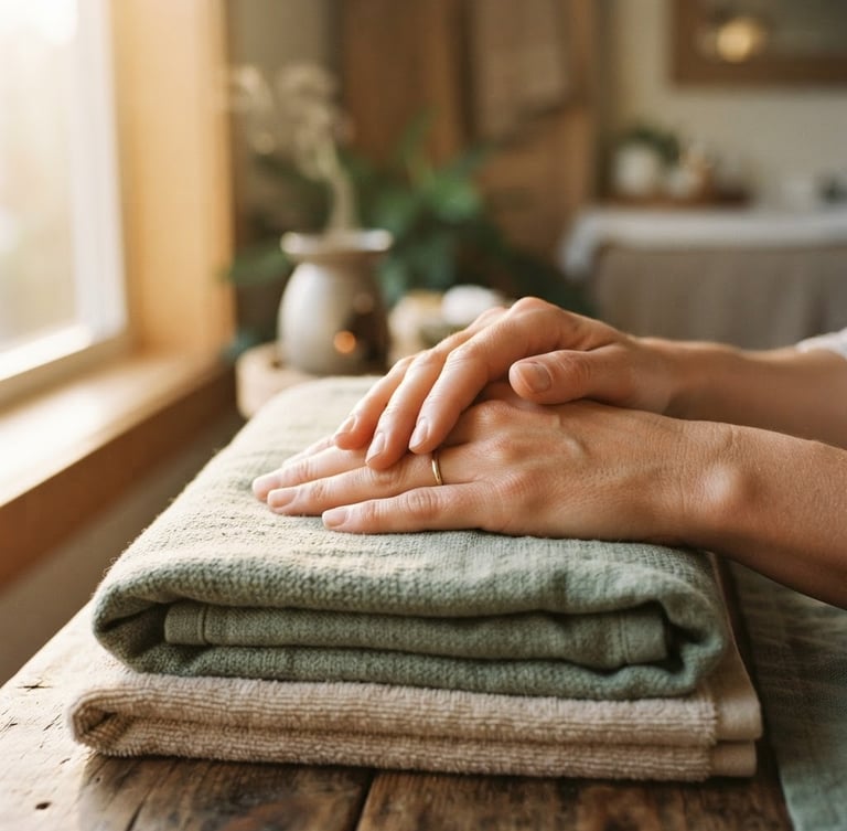 Close-up of warm, soft hands resting on a neatly folded sage green linen towel, warm diffused golden-hour window light, serene spa setting.