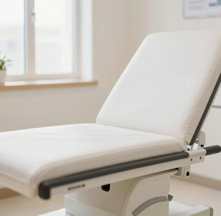 A high-precision clinical interior crop, bright natural daylight, soft clinical white and warm sand tones, shallow depth of field, 35mm