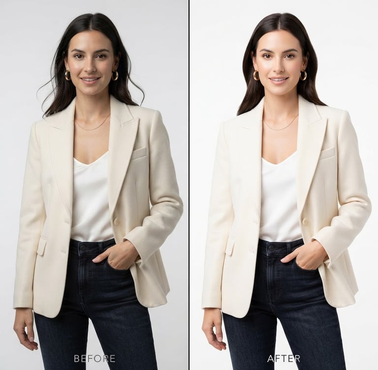 Sharp high-key studio photography, split-screen before-and-after of a fashion model apparel edit, neutral white background, crisp details, 50mm