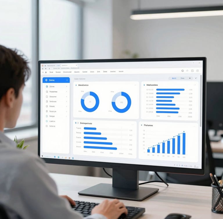A professional over-the-shoulder view of a modern digital analytics dashboard on a screen, clean bright office setting, crisp daylight, sharp focus, 35mm
