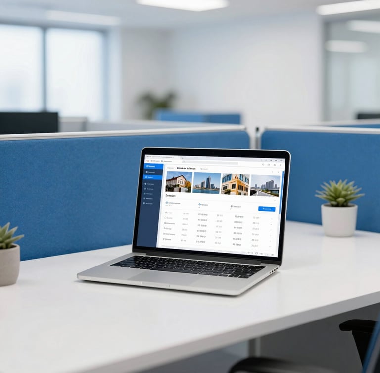 Bright modern office workspace with clean corporate blue accents, a sharp focus on a laptop showing a CRM dashboard, 35mm photography