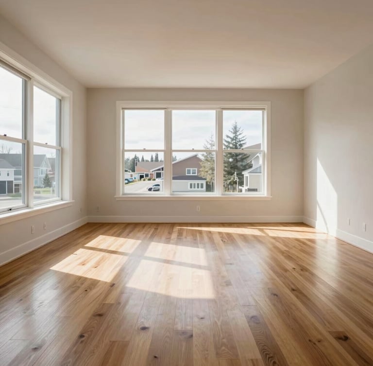 Straight-on wide-angle shot of an immaculate modern Edmonton living room, bright natural daylight streaming through clean windows, spotless hardwood floors, sharp carpet lines.