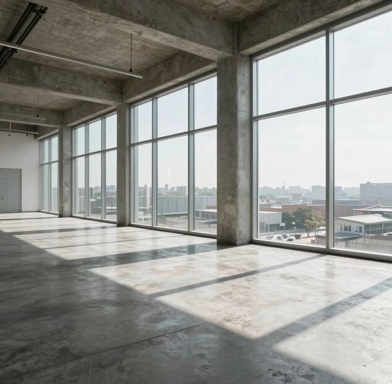Bright commercial office interior with floor-to-ceiling windows, spotless concrete floors, sunlight casting sharp shadows, wide angle.