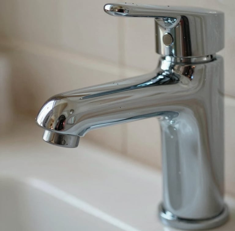 Macro close-up of a polished chrome bathroom faucet reflecting bright daylight, spotless tile grout in the background, sharp focus.