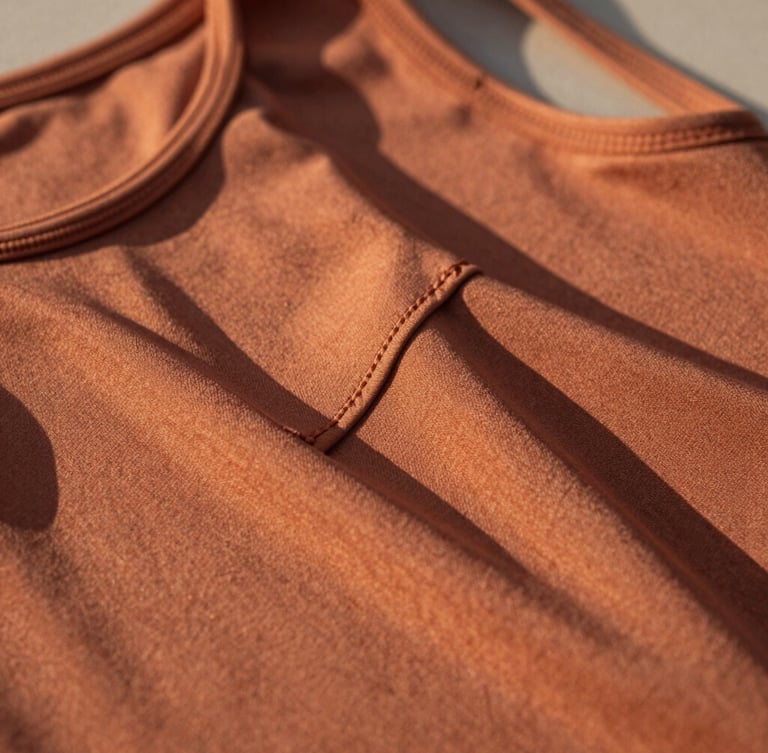 Warm close-up photograph of terracotta activewear fabric texture, soft golden hour lighting, showing premium stitching and weave, shallow depth of field.