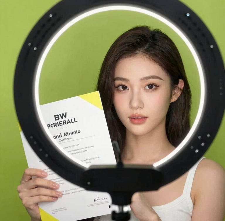 Dynamic medium close-up of a beauty student proudly holding her professional certificate, bright ring-light illumination, high-contrast lime green background, 35mm lens