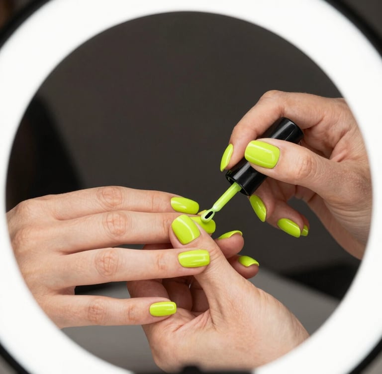 Dynamic close-up of hands painting nails with vibrant lime green polish under bright ring-light illumination, crisp details, 35mm lens