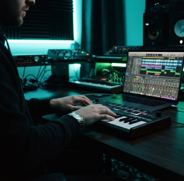 Moody music production studio at night, glowing laptop screen displaying a complex digital audio workstation waveform, hands resting on a sleek MIDI keyboard controller, vibrant cyan and neon green LED strip lights casting soft reflections, 35mm photography