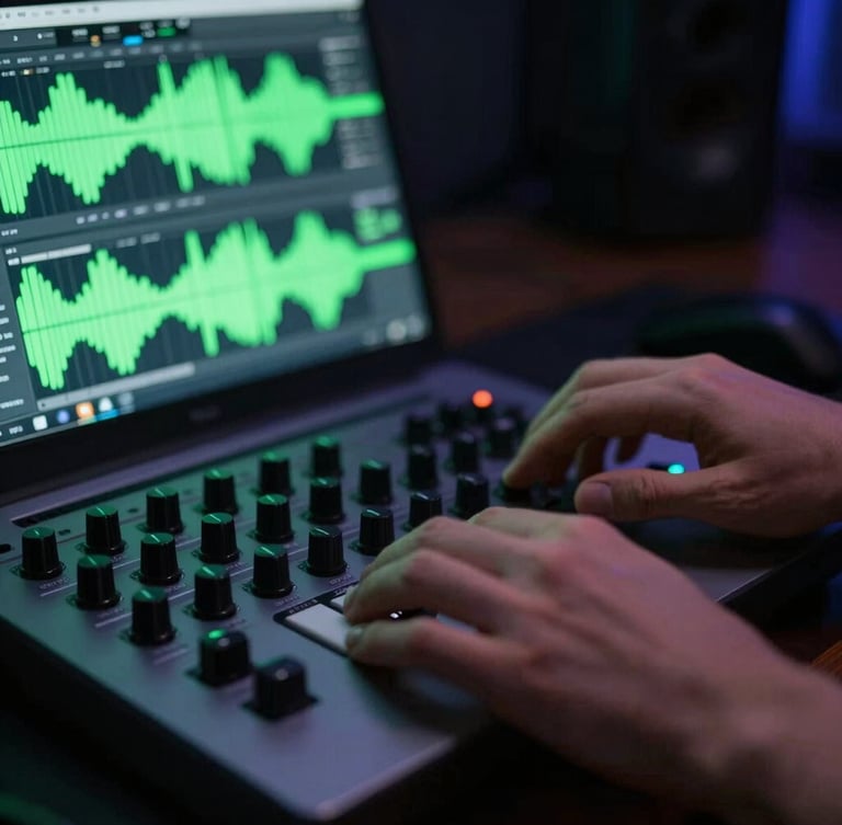 Close-up of hands adjusting a high-end MIDI controller next to a laptop screen displaying a neon green waveform editor, dark studio setting, 35mm
