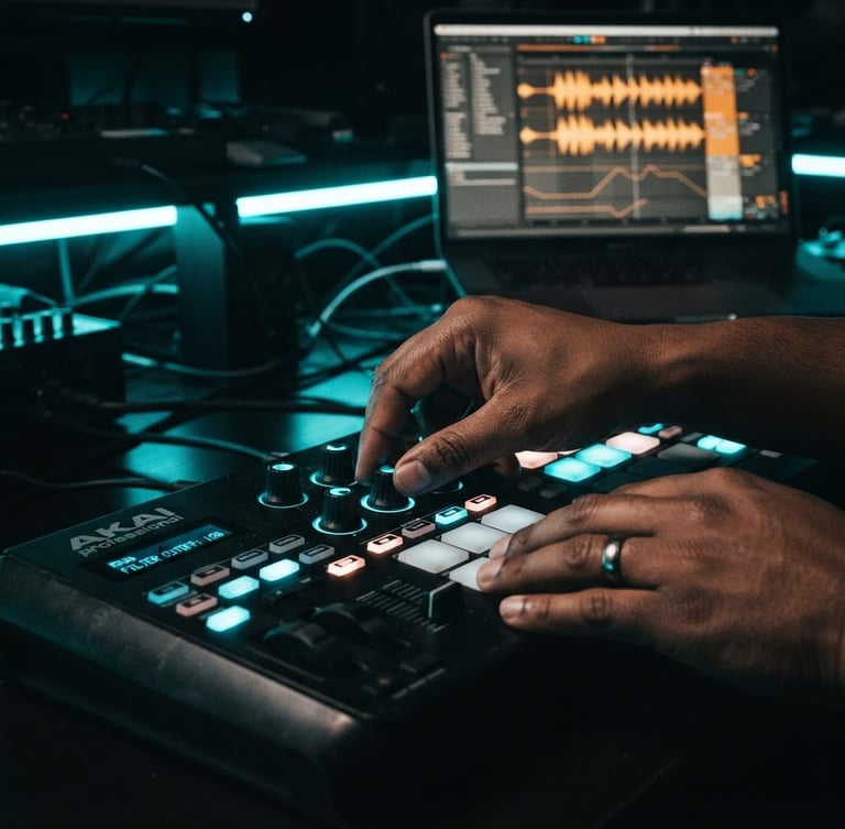 Tight macro shot of hands adjusting a high-end MIDI controller, glowing laptop screen displaying a complex waveform editor in the background, moody neon cyan LED accent lighting, 35mm