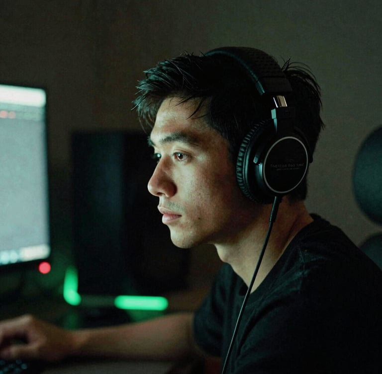 Focused creator wearing studio headphones in a dimly lit production space, soft screen-glare illuminating their face, neon green ambient glow, moody 35mm photography
