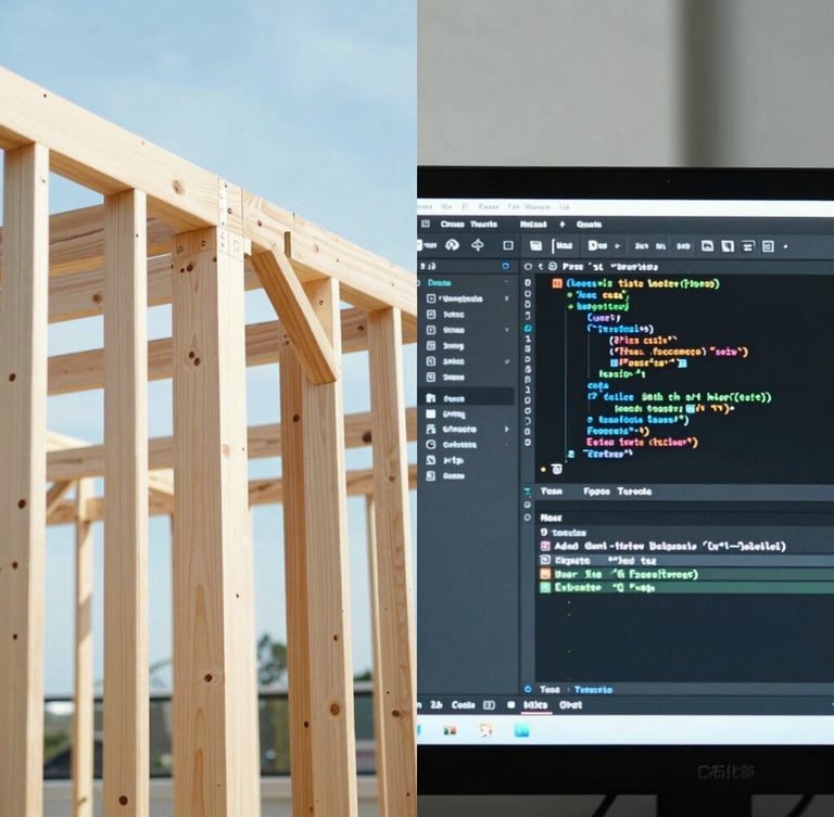 A split-screen composition showing architectural timber framing on the left and a clean digital code editor on the right, bright natural daylight, high-contrast cool tones, 35mm