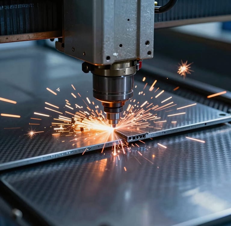 Extreme close-up of a CNC laser cutting head slicing through a 10mm carbon steel plate, brilliant orange sparks flying outward, high-contrast cool blue ambient workshop lighting reflecting on the raw metal surface, showing a perfectly clean and burr-free edge.