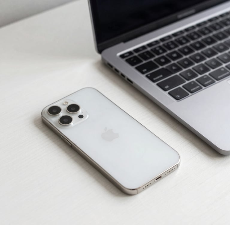 A crisp close-up of a clean silver iPhone and space gray MacBook on a minimalist white oak desk, bright natural morning light, premium Apple aesthetic