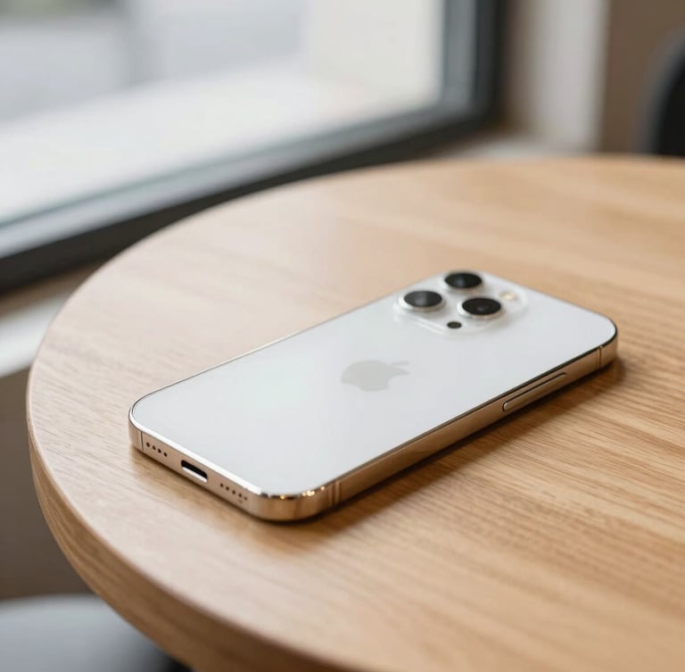 Close-up of a clean, modern iPhone resting on a light oak coffee shop table, soft morning window light, shallow depth of field