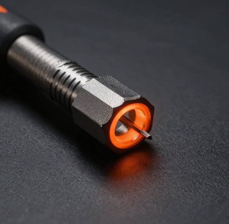 Close-up of heavy-duty steel tools catching sharp neon orange rim light on a dark graphite background, technical precision, high-contrast studio lighting