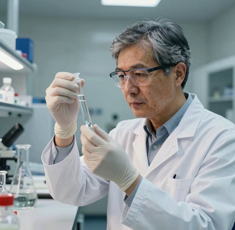 A German chemical engineer in a clean white lab coat inspecting a liquid sample in a sterile laboratory environment