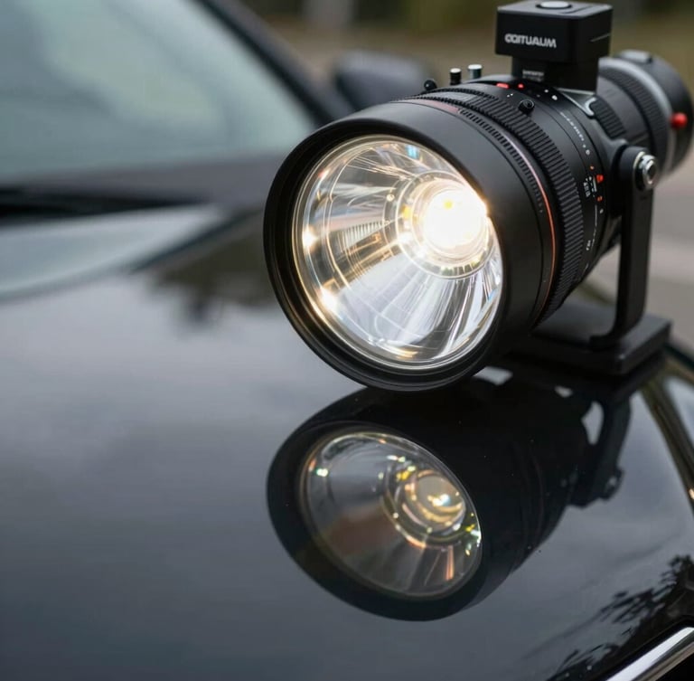 Macro close-up of a high-intensity clinical LED inspection light reflecting off a perfectly corrected black car hood, revealing zero defects, daylight-balanced lighting.