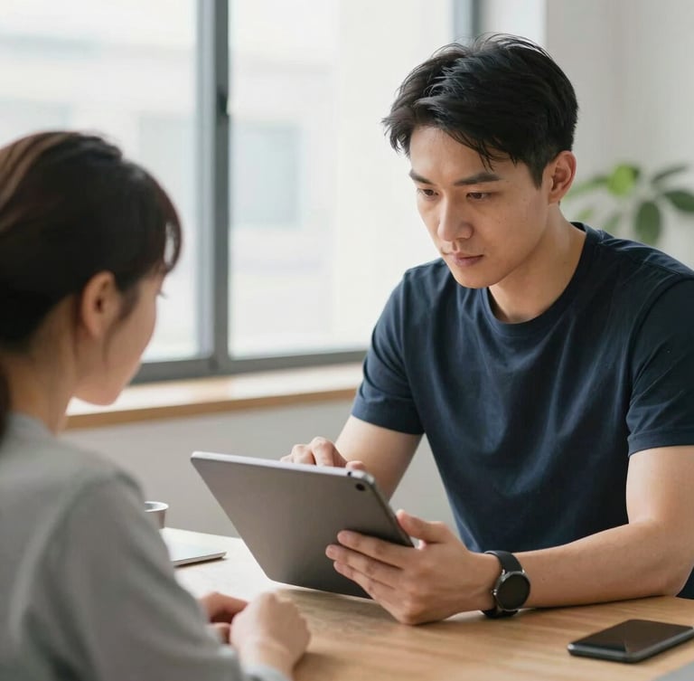 Medium shot of a professional trainer guiding a student over a tablet in a bright, daylight-filled office, focused on active collaboration.