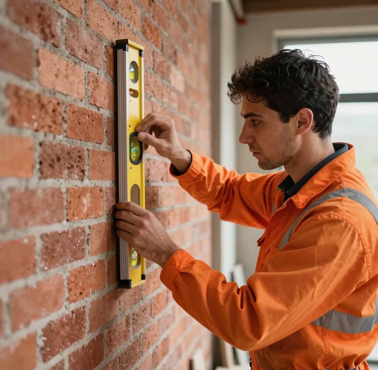 Gros plan sur un formateur en bâtiment montrant l'ajustement précis d'un niveau à bulle sur un mur en briques à un apprenti en gilet orange.