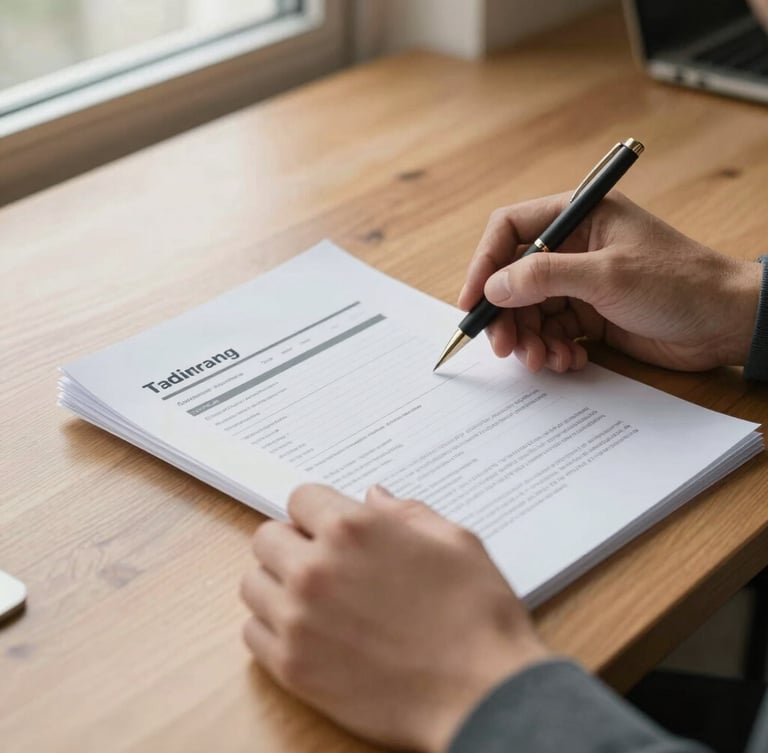 Close-up of hands reviewing financial and training documents on a wooden table, warm natural window light, professional and focused atmosphere.