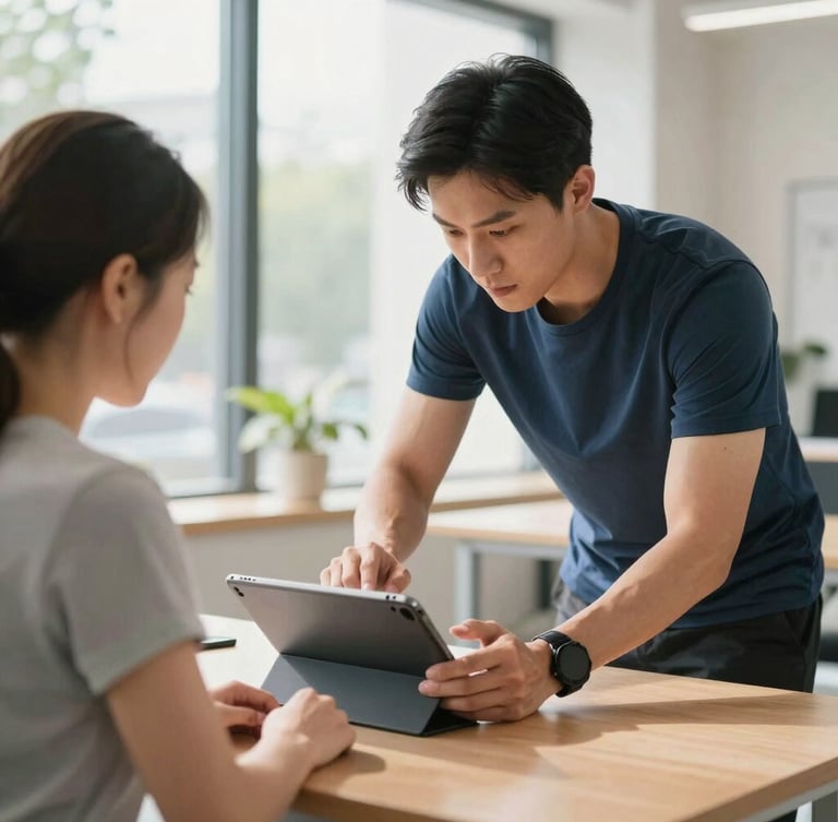 Medium shot of a professional trainer guiding an adult student over a tablet, bright natural daylight, modern workspace, active engagement.