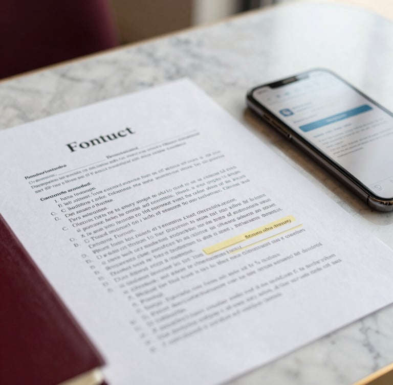 Close-up of a legal contract with highlighted clauses, a smartphone showing an app notification next to it on a marble desk, soft natural light, shallow depth of field